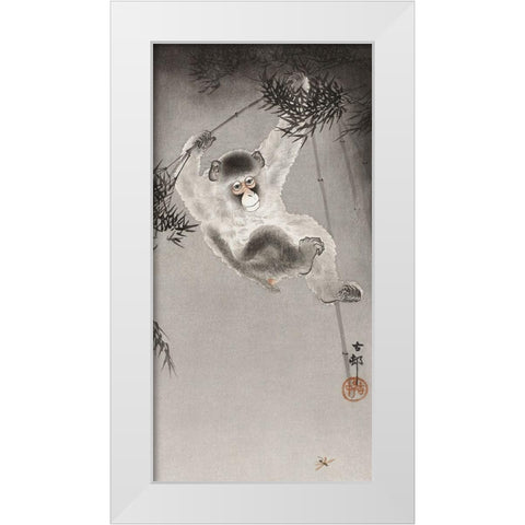 Monkey, hanging from bamboo branch White Modern Wood Framed Art Print by Koson, Ohara