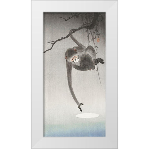 Monkey and reflection of the moon White Modern Wood Framed Art Print by Koson, Ohara