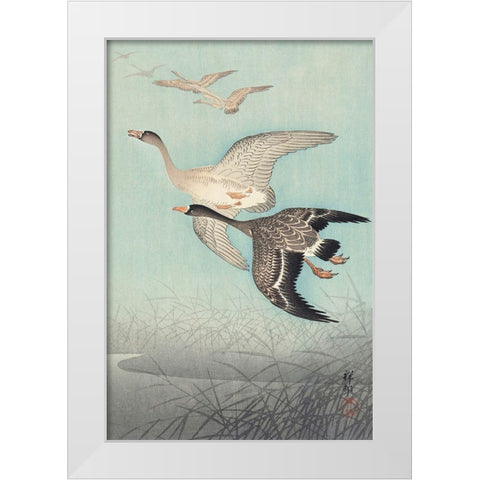 Great geese in flight White Modern Wood Framed Art Print by Koson, Ohara