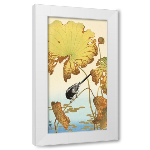 Japanese wagtail on lotus plant White Modern Wood Framed Art Print by Koson, Ohara