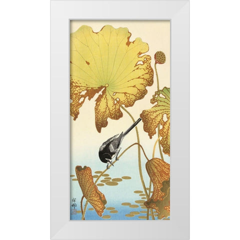 Japanese wagtail on lotus plant White Modern Wood Framed Art Print by Koson, Ohara