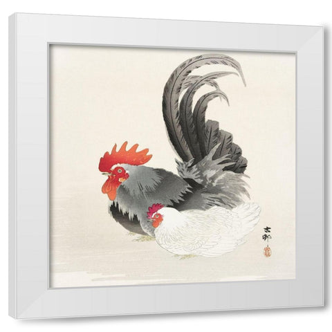 Chicken and cock White Modern Wood Framed Art Print by Koson, Ohara