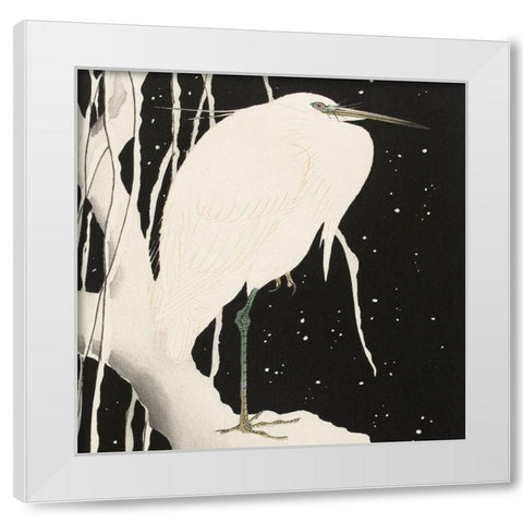 Heron in snow White Modern Wood Framed Art Print by Koson, Ohara
