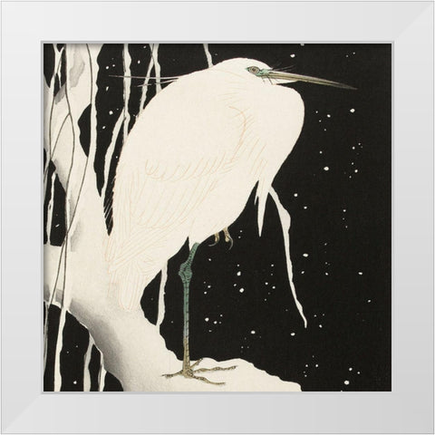 Heron in snow White Modern Wood Framed Art Print by Koson, Ohara