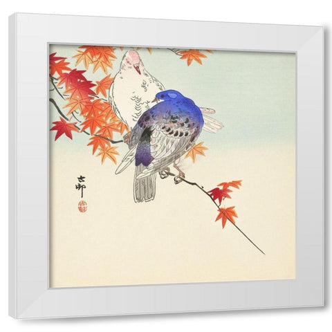Two pigeons on autumn branch White Modern Wood Framed Art Print by Koson, Ohara