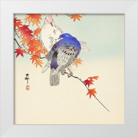 Two pigeons on autumn branch White Modern Wood Framed Art Print by Koson, Ohara