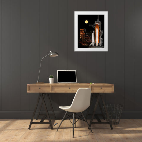 Shuttle Discovery With Moon White Modern Wood Framed Art Print by NASA