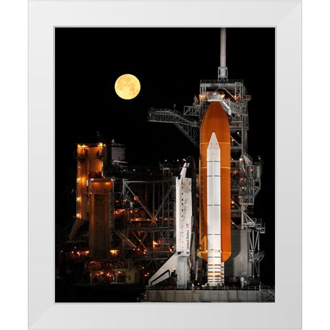 Shuttle Discovery With Moon White Modern Wood Framed Art Print by NASA