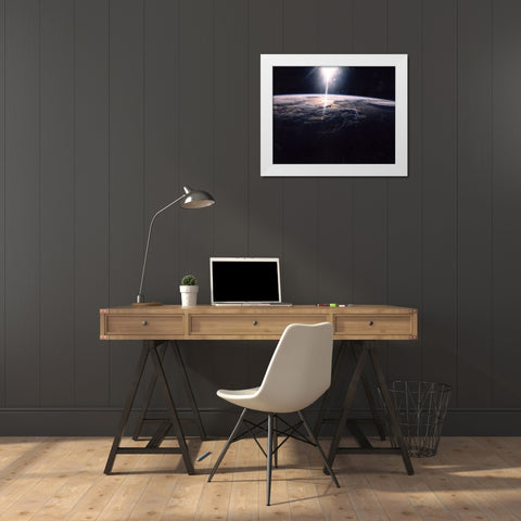 Sunlight over Earth as seen by Discovery crew White Modern Wood Framed Art Print by NASA