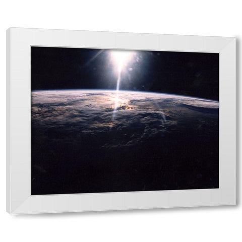 Sunlight over Earth as seen by Discovery crew White Modern Wood Framed Art Print by NASA