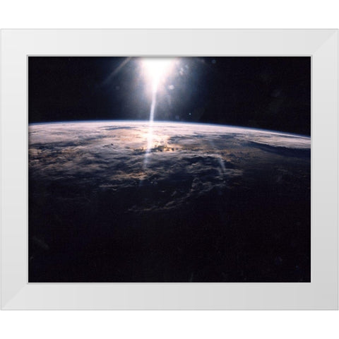 Sunlight over Earth as seen by Discovery crew White Modern Wood Framed Art Print by NASA