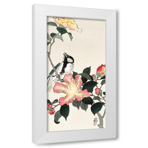 Great tit on branch with pink flowers White Modern Wood Framed Art Print by Koson, Ohara