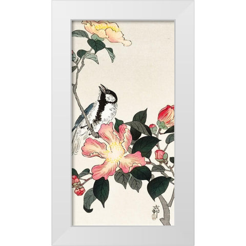 Great tit on branch with pink flowers White Modern Wood Framed Art Print by Koson, Ohara