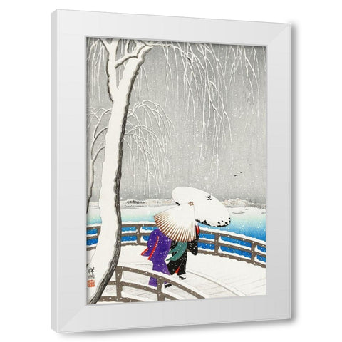 Two women in the snow on Yanagi Bridge White Modern Wood Framed Art Print by Koson, Ohara