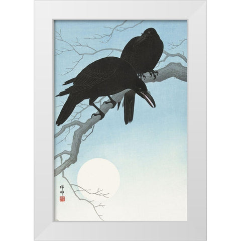 Two crows on a branch White Modern Wood Framed Art Print by Koson, Ohara