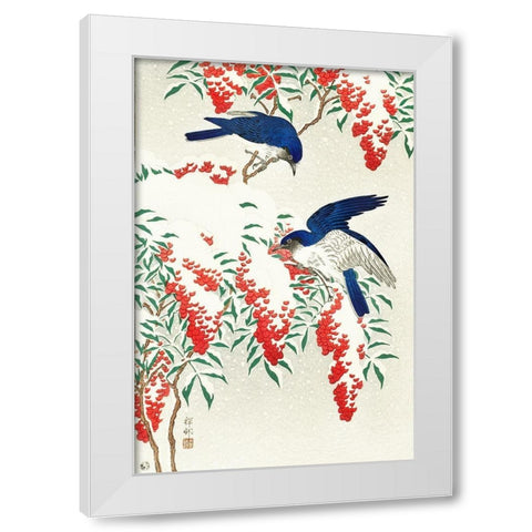 Flycatchers on a nandina bush White Modern Wood Framed Art Print by Koson, Ohara