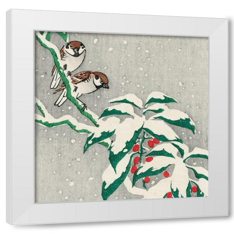 Sparrows on snowy berry bush White Modern Wood Framed Art Print by Koson, Ohara