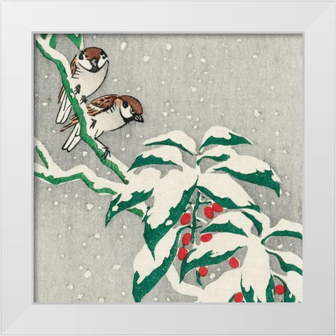 Sparrows on snowy berry bush White Modern Wood Framed Art Print by Koson, Ohara