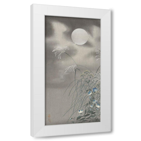 Grass and flowers at full moon White Modern Wood Framed Art Print by Koson, Ohara
