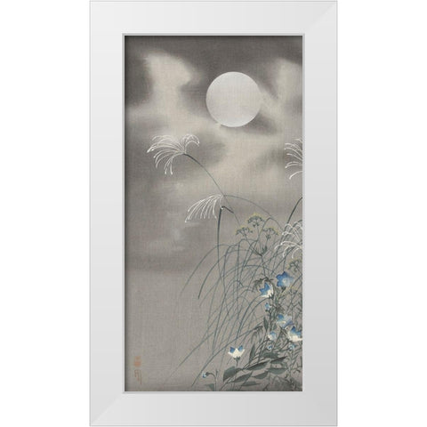 Grass and flowers at full moon White Modern Wood Framed Art Print by Koson, Ohara