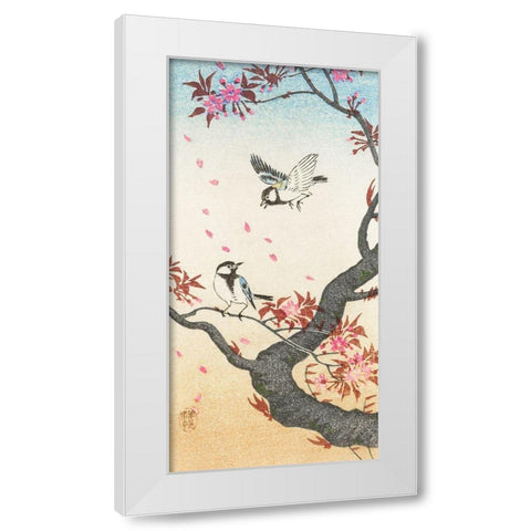 Two great tits at blossoming tree White Modern Wood Framed Art Print by Koson, Ohara