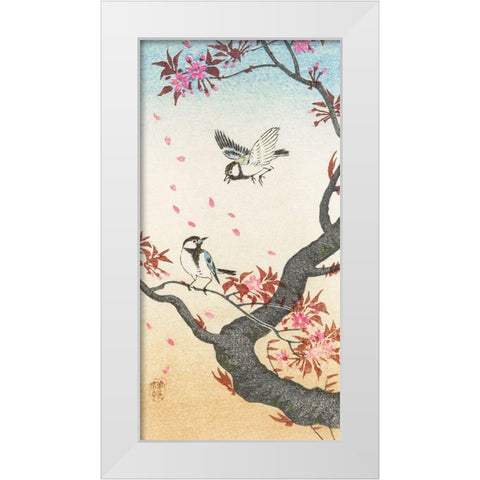 Two great tits at blossoming tree White Modern Wood Framed Art Print by Koson, Ohara