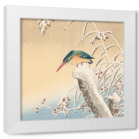 Kingfisher in the snow White Modern Wood Framed Art Print by Koson, Ohara