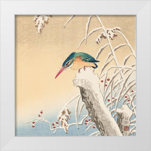 Kingfisher in the snow White Modern Wood Framed Art Print by Koson, Ohara