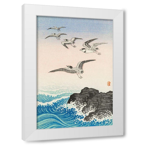 Five seagulls above the sea White Modern Wood Framed Art Print by Koson, Ohara