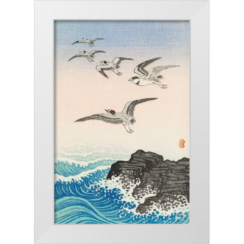 Five seagulls above the sea White Modern Wood Framed Art Print by Koson, Ohara