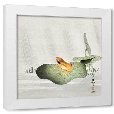 Frog on lotus leaf White Modern Wood Framed Art Print by Koson, Ohara