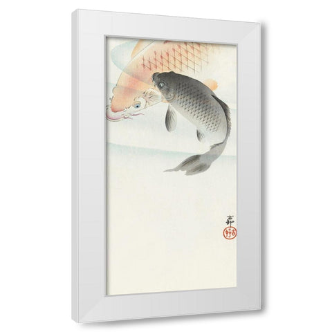 Two carp White Modern Wood Framed Art Print by Koson, Ohara