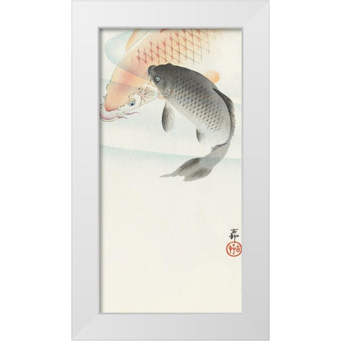 Two carp White Modern Wood Framed Art Print by Koson, Ohara