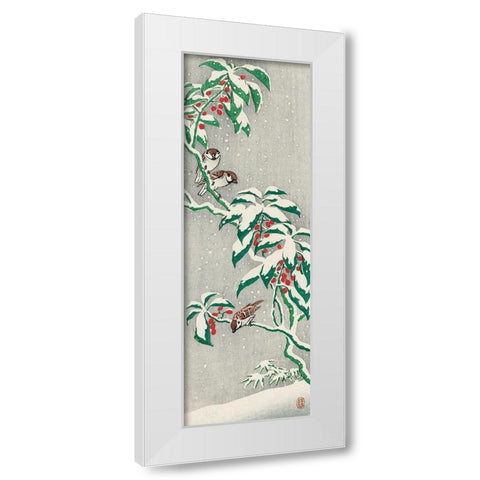 Sparrows on snowy berry bush White Modern Wood Framed Art Print by Koson, Ohara