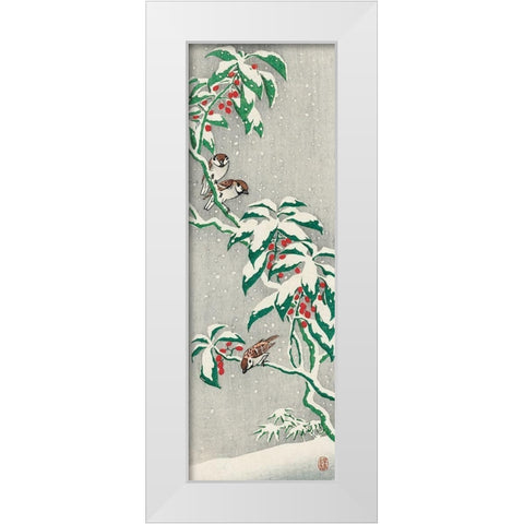 Sparrows on snowy berry bush White Modern Wood Framed Art Print by Koson, Ohara