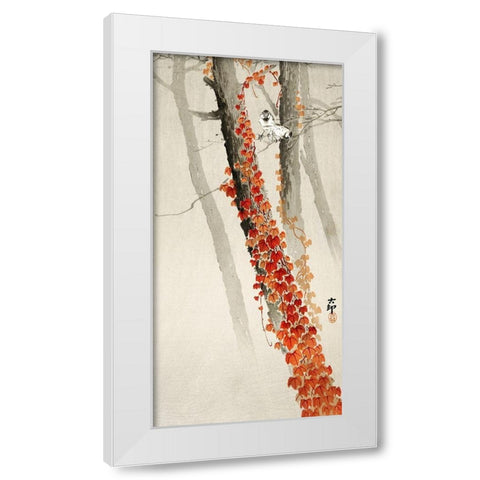 Red ivy White Modern Wood Framed Art Print by Koson, Ohara