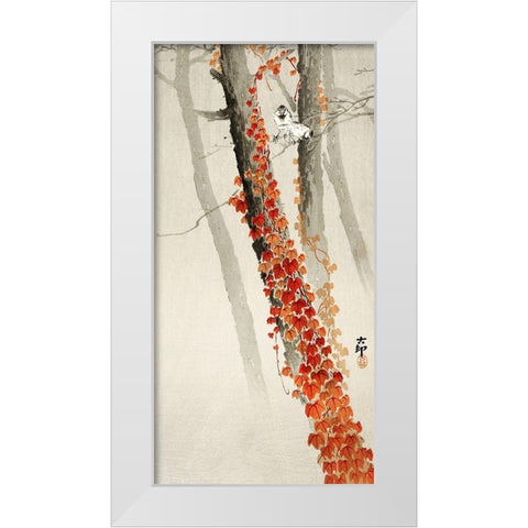 Red ivy White Modern Wood Framed Art Print by Koson, Ohara