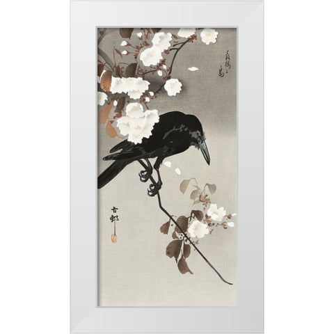 Crow and cherry blossom White Modern Wood Framed Art Print by Koson, Ohara