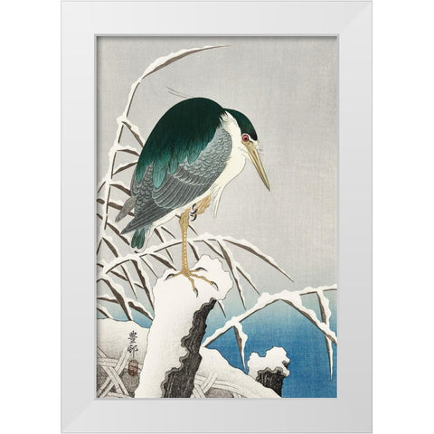 Heron in snow White Modern Wood Framed Art Print by Koson, Ohara
