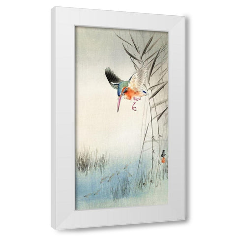 Kingfisher hunting for fish in the water White Modern Wood Framed Art Print by Koson, Ohara