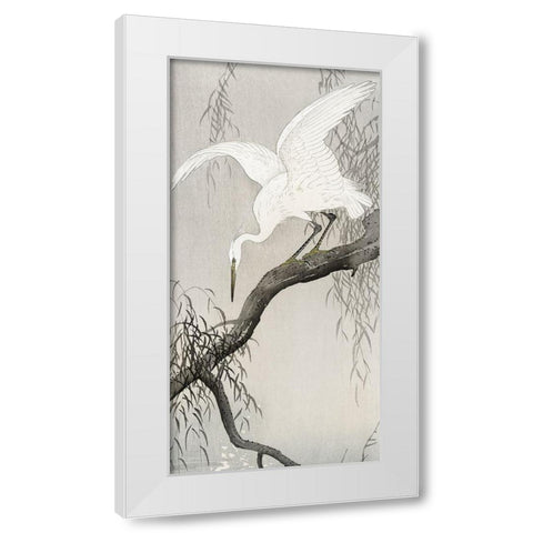 White heron on tree branch White Modern Wood Framed Art Print by Koson, Ohara