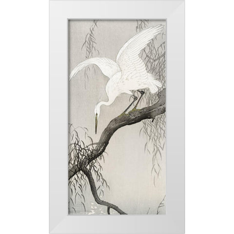 White heron on tree branch White Modern Wood Framed Art Print by Koson, Ohara