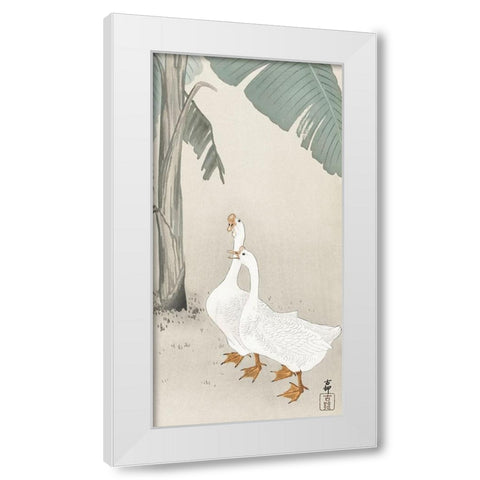 Two geese at banana tree White Modern Wood Framed Art Print by Koson, Ohara