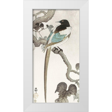 Magpie on tree branch White Modern Wood Framed Art Print by Koson, Ohara