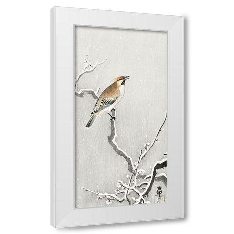 Bohemian bird on snowy branch White Modern Wood Framed Art Print by Koson, Ohara