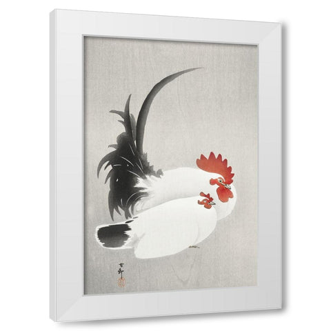 Rooster and hen White Modern Wood Framed Art Print by Koson, Ohara