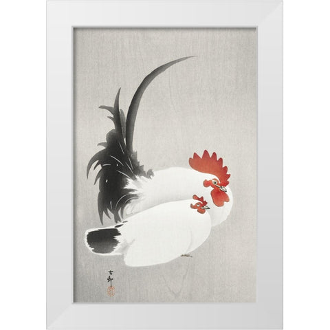 Rooster and hen White Modern Wood Framed Art Print by Koson, Ohara