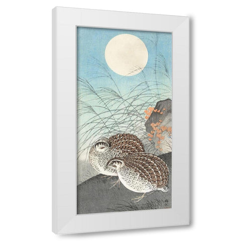 Two quails at full moon White Modern Wood Framed Art Print by Koson, Ohara