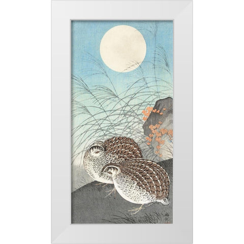 Two quails at full moon White Modern Wood Framed Art Print by Koson, Ohara