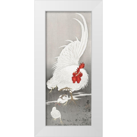 Rooster and three chicks White Modern Wood Framed Art Print by Koson, Ohara